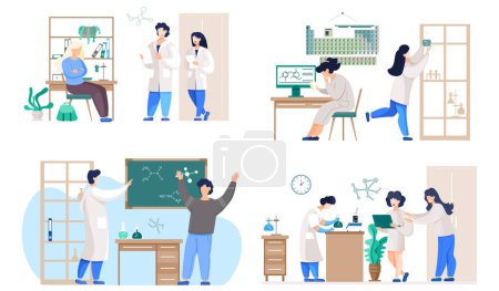 Illustration for A set of illustrations on the topic of working with equipment. Chemical research in the laboratory. Girls experiment with flasks. Scientists communicate at school. People work with technology - Royalty Free Image