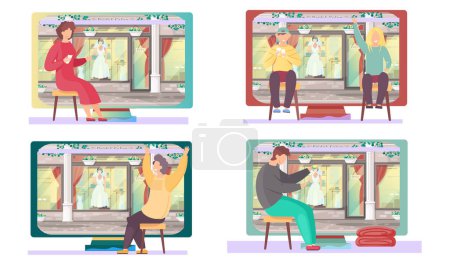 Illustration for Set of illustrations about people on the background of the wedding salon. Players are sitting with cards in their hands. The characters ponder the next move in the game. Couples planning a wedding - Royalty Free Image