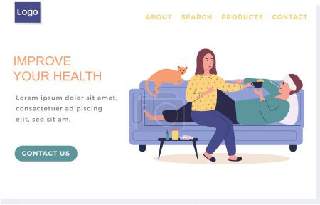 Illustration for Landing page template with sick people. Improve human health concept. Guy lies with thermometer and measures temperature. Girl giving tea to man. Male character lies with compress on his head - Royalty Free Image