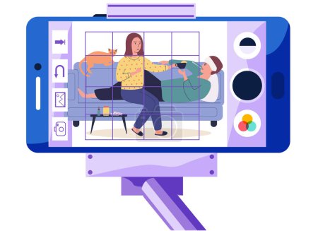 Illustration for Taking pictures of coronavirus treatment process. Phone on monopod with girl treating guy on screen. Guy measures temperature. Male character lies with thermometer. Woman giving tea to sick man - Royalty Free Image