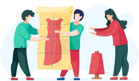 Illustration for The guys hold the mold of the future dress in their hands. The designer works with a skein of thread. The seamstress points to the model of clothing. Fashion designers spend time in tailoring studio - Royalty Free Image