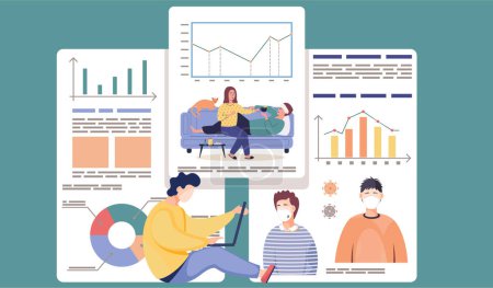 Illustration for Man examines data report. Coronavirus treatment and prevention. Incidence statistics. Girl gives tea to sick person. Statistics of sick and recovered patients with diagram. Guy working on laptop - Royalty Free Image