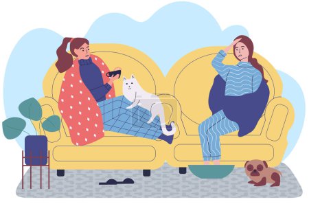 Illustration for Sick girls take medication on self-isolation. Friends communicate and spend time together at home. Woman is suffering from headache. Female character wrapped in blanket drinks tea with lemon - Royalty Free Image