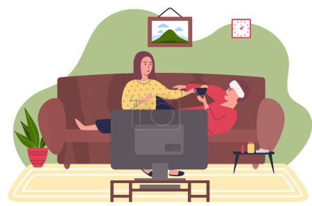 Illustration for Woman giving tea to sick man with compress on his head. People stay at home in self-isolation. Sick characters watching TV in quarantine. Male character drinking tea with lemon vector illustration - Royalty Free Image