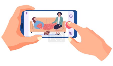 Illustration for Guy holding phone with photo of treatment process. Woman supports patient. Girl measures temperature. Self care and treatment concept. Female character wrapped in blanket sitting with thermometer - Royalty Free Image