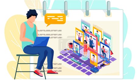 Illustration for Recruiter man is looking for employees. Client employee job agency character hire group contract social employer, depiction of candidates and salaries. Guy student chooses a profession with laptop - Royalty Free Image
