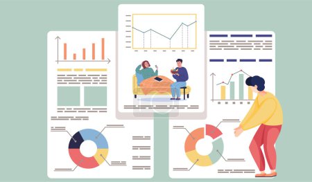 Illustration for Man examines data report. Guy gives fresh fruit to sick girl. Incidence statistics concept. Statistics of sick and recovered patients with diagram. Male character looking at data on background - Royalty Free Image