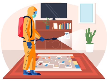 Illustration for Man in protective suit disinfects room. Prevention against spread of disease. Premises sanitization. Sanitary inspection worker cleans board game on floor. Person sprays liquid from cylinder - Royalty Free Image