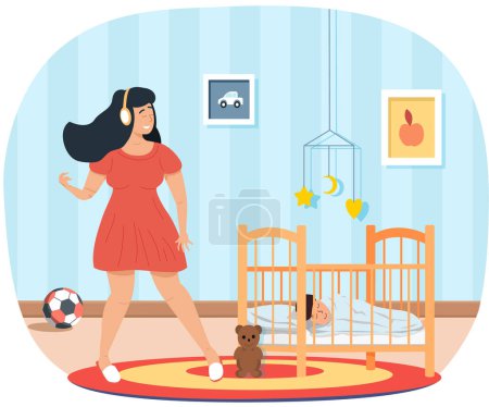 Illustration for Girl with headphones dancing and singing. Person is listening to music. Female character performs songs. Musician imagines guitar in bedroom. Family rests at home. Mom sings to sleeping child - Royalty Free Image