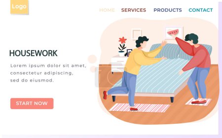 Illustration for Housework landing page template with two men standing and talking near bed in bedroom Stay at tidy home flat persons concept. Family members together activity for hygiene and microbes disinfection - Royalty Free Image