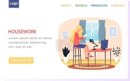 Photo for Housework landing page template with young girl blogger live streaming. Cute girl making video content to vlog. Woman vlogger online interview. Recording podcast, broadcast, social media network - Royalty Free Image