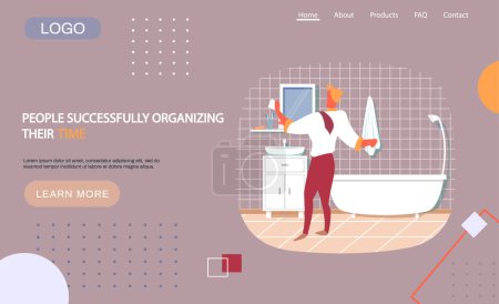 Illustration for People successfully organizing their time landing page template with businessman in bathroom. Housework concept with man washes mirror or tile with rag. Stay at tidy home. Doing household chores - Royalty Free Image
