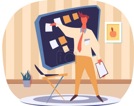 Illustration for Man standing near presentation of business development or investment growth. Analysis report concept. Businessman points to stickers on board. Man in business suit makes presentation of project - Royalty Free Image