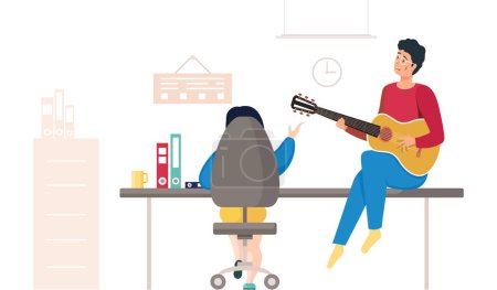 Illustration for Communication colleagues in office in informal setting. Man with guitar sitting on table near woman with laptop, plays music sings song. Conversation of friends during break. Guy singing for girl - Royalty Free Image