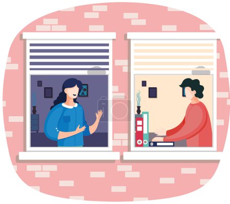 Illustration for Communicating colleagues, freelancers, neighbors. Office teamwork woman and man working together. People talking standing near table and paper documents in room view through windows in building - Royalty Free Image