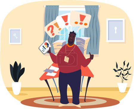 Illustration for Dark-skinned cartoon businessman looking at red question and exclamation mark above his head standing in room near table with stacks of paper documents. Man happy with financial results holds thumb up - Royalty Free Image