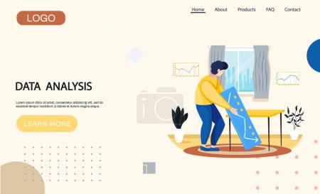 Illustration for Data analysis, analytics landing page template with man holding board with ascending arrow graph, working analyst. Small person and information statistical development block, business research - Royalty Free Image