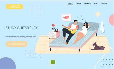 Illustration for Website with study guitar play. Couple playing musical instrument. Guy sings for his girlfriend. Cartoon character creates music. Musician playing strings on instrument. Family resting at home - Royalty Free Image