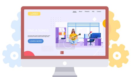 Illustration for Sing a songs landing page template, man hipster with guitar sitting on floor at workplace in office, musician guitarists hobby. Bearded guy with stringed musical instrument, singer in classroom - Royalty Free Image
