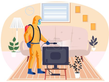 Illustration for Man in protective suit disinfects living room with spray gun. Prevention against spread of disease. Premises sanitization. Sanitary inspection worker disinfects tv. Person sprays liquid from cylinder - Royalty Free Image