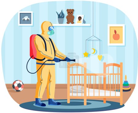 Illustration for Man in protective suit disinfects children room with spray gun. Prevention against disease. Premises sanitization. Sanitary inspection worker disinfects cradle. Person sprays liquid from cylinder - Royalty Free Image
