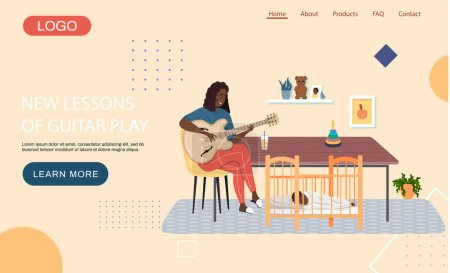 Illustration for Website with new lessons of guitar play. Girl with musical instrument sings lullaby to child at night. Afro American woman playing guitar. Mom is singing to baby. Landing page design layout - Royalty Free Image