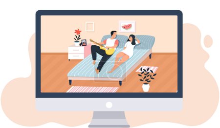 Illustration for Young people spend free time at home, man plays guitar for woman couple lying on the bed. Romantic evening for two, guy singer singing songs for his wife in bedroom, people are resting lying on couch - Royalty Free Image
