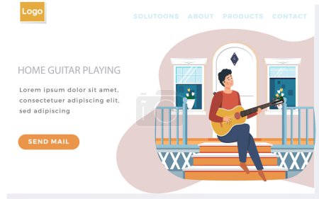 Illustration for Website about home guitar playing. Guy sitting on doorstep of his house and singing songs. Person creates music. Male character is playing musical instrument. Guitarist is performing on porch - Royalty Free Image