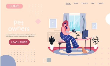 Illustration for Pet owners landing page template with girl blogger live streaming sitting at computer with cat at home. Cute female making video content to vlog with microphone. Woman vlogger online interview - Royalty Free Image