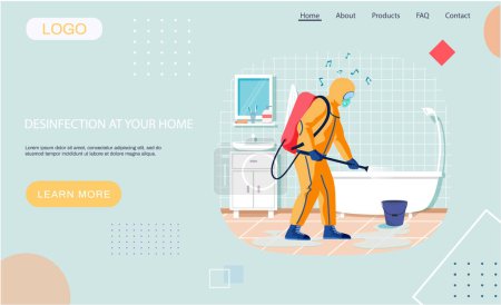 Illustration for Disinfection in home landing page temlate with sanitary worker disinfects bathroom in apartment to kill viruses and bacteria. Male character in protective suit sprays room with disinfectant solute - Royalty Free Image