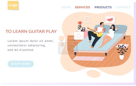 Illustration for Web site with learn guitar playing. Couple playing musical instrument. People singing together. Landing page template. Cartoon character creates music. Musician playing strings on instrument - Royalty Free Image