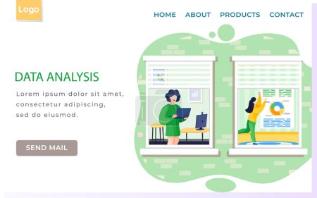 Illustration for Data analysis, analytics landing page template with woman analyst working with laptop. Businesswoman giving presentation with business project report. Mentor, coach on seminar, annual financial report - Royalty Free Image