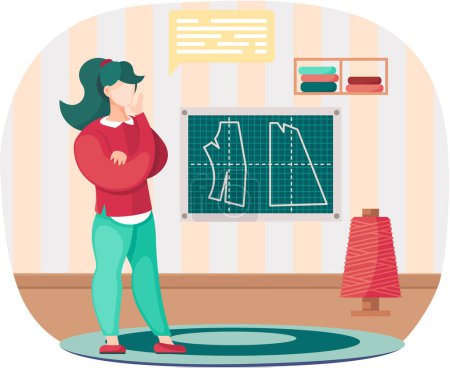 Illustration for Fashion designer making model selects spool of thread. Dressmaker is standing in room and looking at clothes pattern. Sewing workshop, atelier, custom clothing. Vector fashion production concept - Royalty Free Image