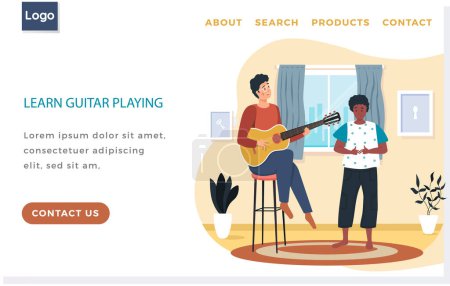 Illustration for Man playing guitar. African american female character listening to her male friend singing. Guy playing musical instrument. Cartoon character creates music. Musician plays strings on instrument - Royalty Free Image
