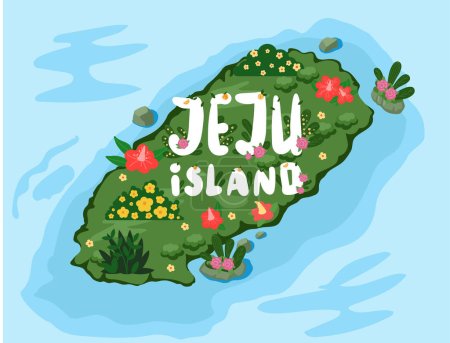Welcome to Jeju island in South Korea, traditional landmarks, symbols, popular place for visiting tourists, jeju green tropical island with water travel. Korean land with traditional attractions