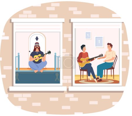 Téléchargez les illustrations : L'homme joue de la guitare, apprend à jouer de l'instrument de musique les gens aiment chanter des chansons. Homme hipster, groupe d'amis se détendre, enseigner les mélodies rester à la maison. Guitaristes interagissent vue à travers la fenêtre - en licence libre de droit