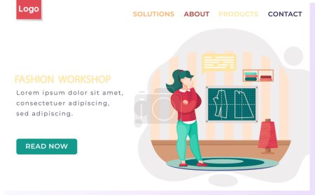 Illustration for Fashion workshop landing page template designer making model. Tailor selects material and spool of thread. Dressmaker is standing in room and looking at clothes pattern. Sewing workshop, atelier - Royalty Free Image
