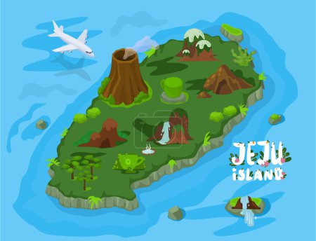 Illustration for Welcome to Jeju island in South Korea, traditional landmarks, symbols, popular place for visiting tourists, jeju green tropical island with water travel. Korean land with traditional attractions - Royalty Free Image