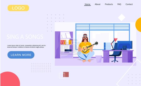 Illustration for Male hipster bard with ukulele in hands. Musician is playing strings on instrument. Person creates music. Man with musical instrument. Guitarist playing guitar in living room - Royalty Free Image