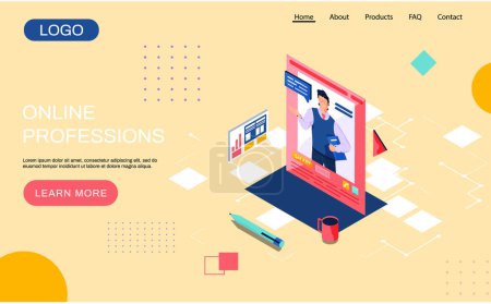 Illustration for Online professions landing page, human resource manager. Job search assistance hr web banner. Recruitment company website interface with remote work for candidate. Headhunting homepage for freelancer - Royalty Free Image