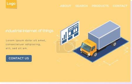 Illustration for Industrial internet of things landing page template. Delivery service transport app. Website with truck, commersial vehicle. Site for checking status of parcel delivery car with modern application - Royalty Free Image