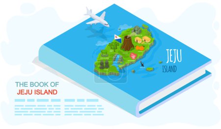 Illustration for The book of Jeju island. Traveling to korea by landmarks travel magazine in cartoon style with main attractions and inscriptions. Green island in south korea, sea and land entertainment for travelers - Royalty Free Image