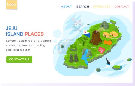 Illustration for Jeju island places landing page template. Traveling to korea by landmarks icon map in cartoon style with main attractions and inscriptions. Green island in south korea, sea and land entertainment - Royalty Free Image