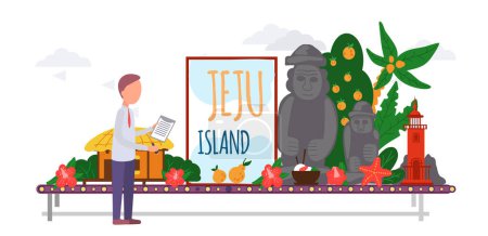 Illustration for Line of elements Jeju island landing page template. Traveling to Korea by botanical garden and park of stones. Conveyor belt with plants and statues attraction of beautiful island in south korea - Royalty Free Image