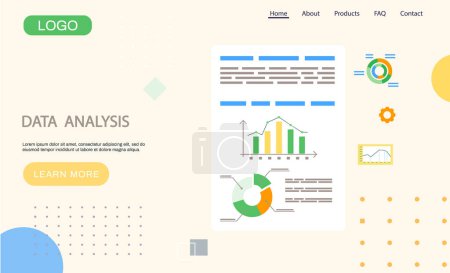 Illustration for Data analysis landing page template, research, business data on presentation banner, graph and chart. Business growth with advanced innovative marketing plan, Financial success, project management - Royalty Free Image