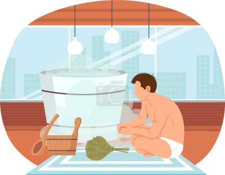 Illustration for Man sitting near tub vector illustration. Bathhouse or banya at home interior design. Guy next to barrel is resting in sauna. Male character in hot steam. Person looks at bath accessories and broom - Royalty Free Image