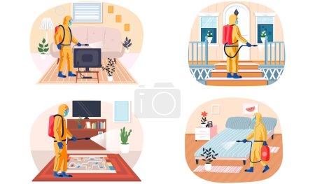 Illustration for Set of illustrations about man in protective suit cleaning surfaces of apartment. Disinfection of premises concept. Sanitary inspection worker sprays liquid from cylinder. Prevention of disease - Royalty Free Image