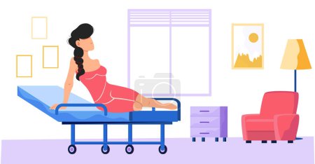 Illustration for Woman sitting on bed in hospital room. Hospital ward intensive therapy emergency, doctor office with bed, clinic equipment and furniture. Girl in pink dress resting in medical recreation hall - Royalty Free Image