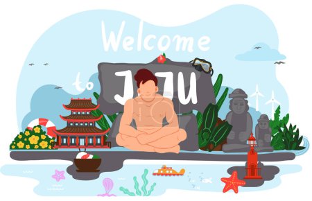 Téléchargez les illustrations : Bienvenue à Jeju en Corée du Sud, attractions traditionnelles. Disposition de la carte postale avec invitation à l'île pour les touristes. Personnage masculin en caleçon reposant sur fond d'île exotique avec des points de repère - en licence libre de droit