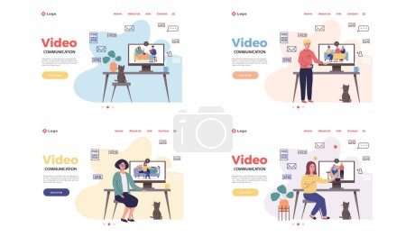 Illustration for Set of illustrations about video call. Sick people have meeting. Coronavirus pandemic concept. Covid-19 treatment and prevention of spread. Patients taking medications vector illustration on monitor - Royalty Free Image